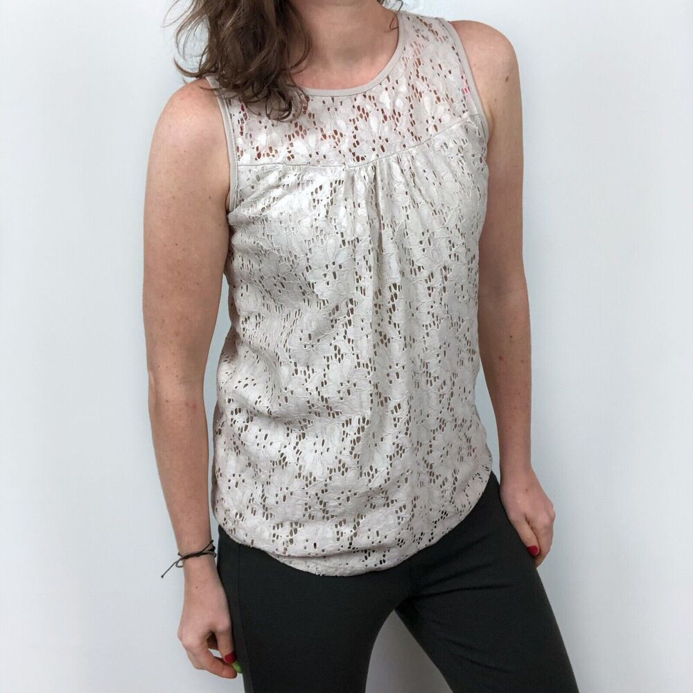 Eve & Maddie Oatmeal Cream Floral Eyelet Layered Tank Top Women's Size Small